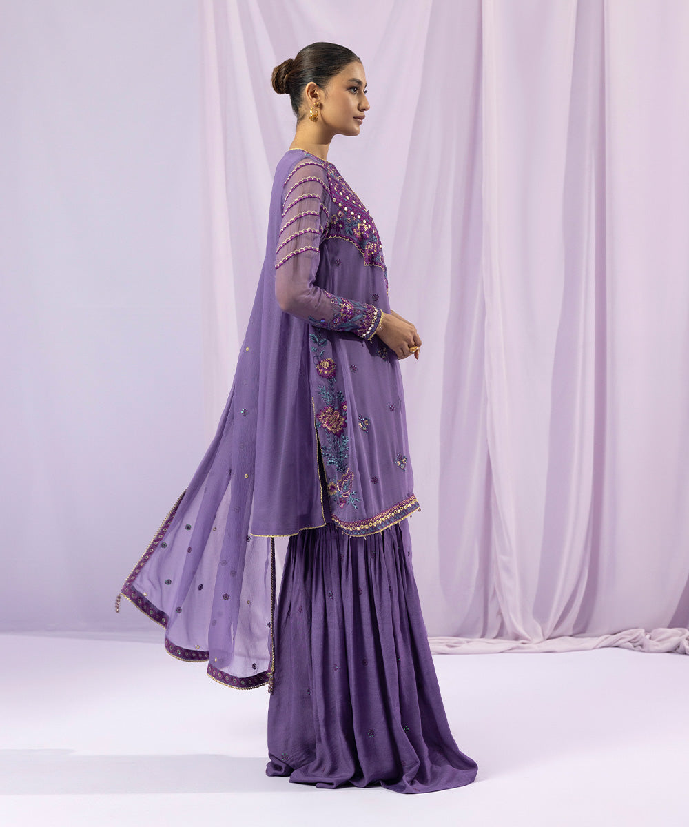 3 Piece - Dyed Embroidered Crinkle Chiffon Suit