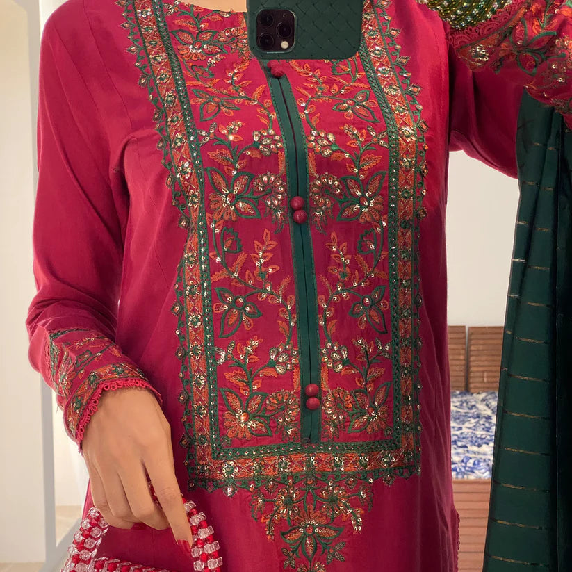 Pink Embroidered 3PC