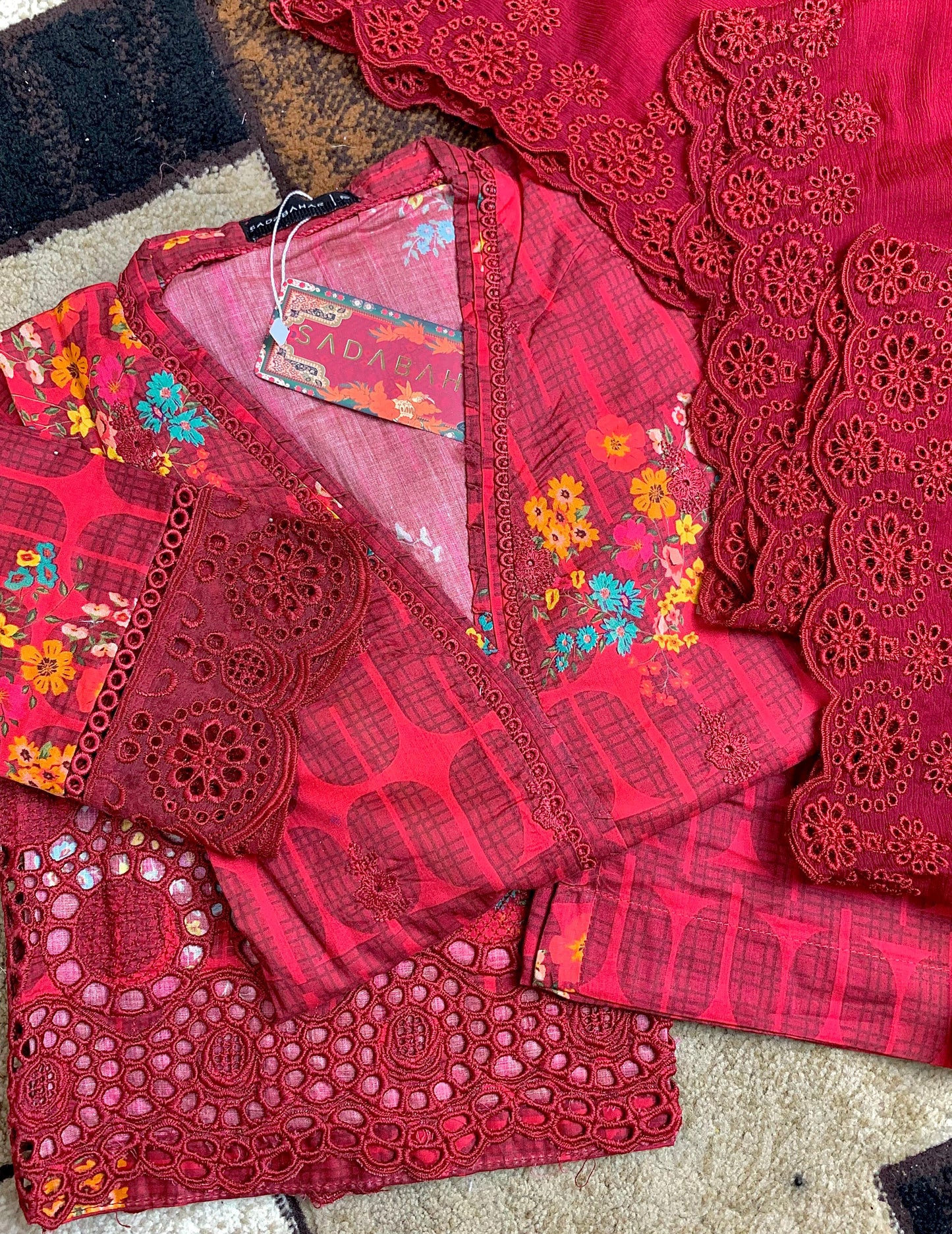 3PCS RED LAWN SUIT SB-001 - SADA BAHAR
