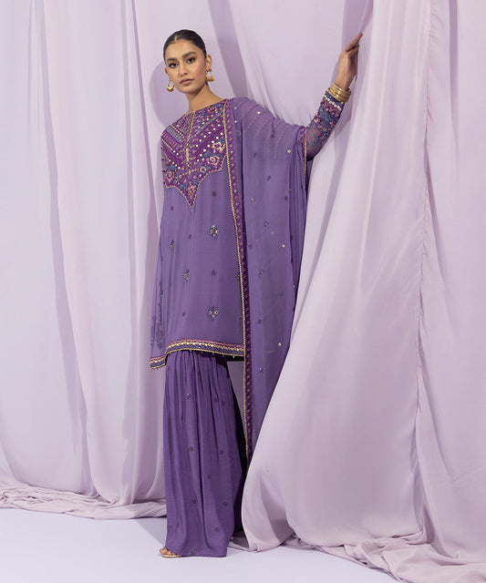 3 Piece - Dyed Embroidered Crinkle Chiffon Suit