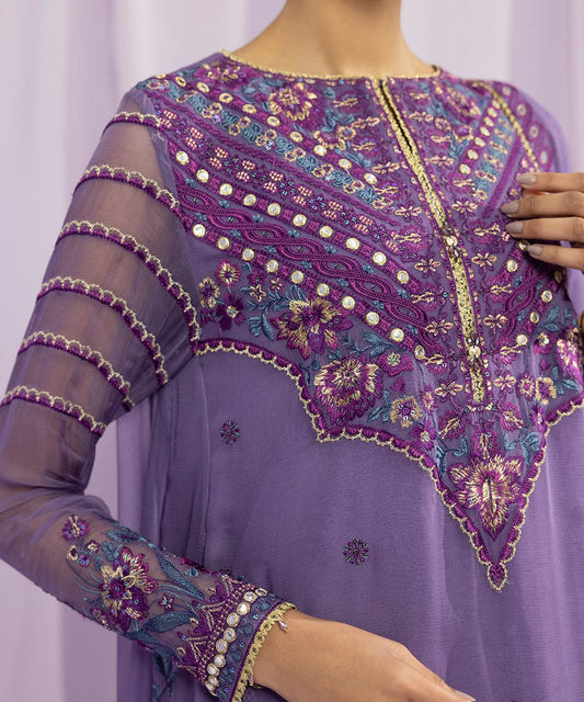 3 Piece - Dyed Embroidered Crinkle Chiffon Suit