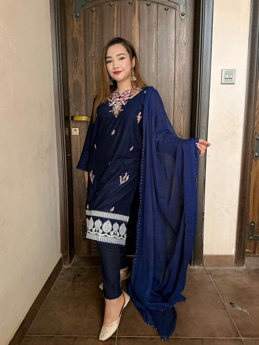DARK BLUE 2pc Embroidered Cotton  Suit AFSANEH CTN-014