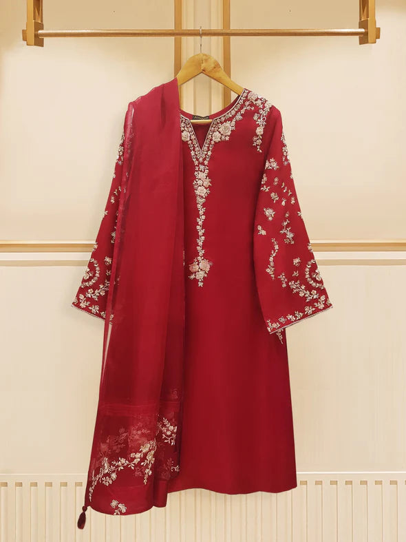 3 PIECE - PURE RAW SILK EMBROIDERED SUIT S108753