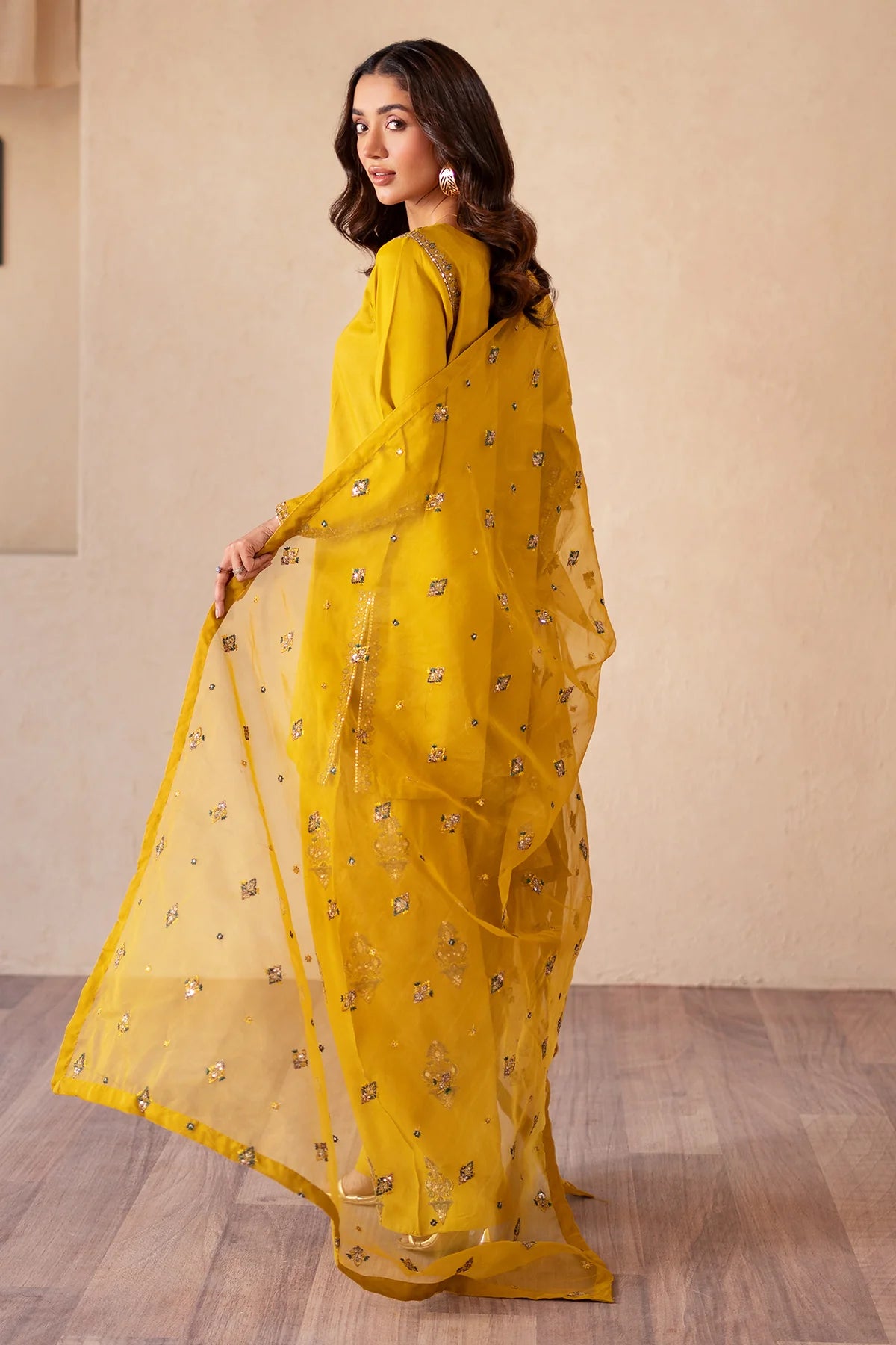 3-PC Embroidered Raw-Silk Shirt with Embroidered Organza Dupatta and Trouser CMA-4-077 MUSTARD