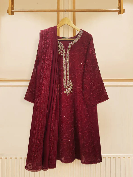 3 PIECE - PURE COTTON NET EMBROIDERED SUIT S108750