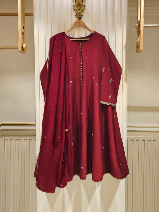 3 Piece- Pure Silk Net Embroidered Suit S111468
