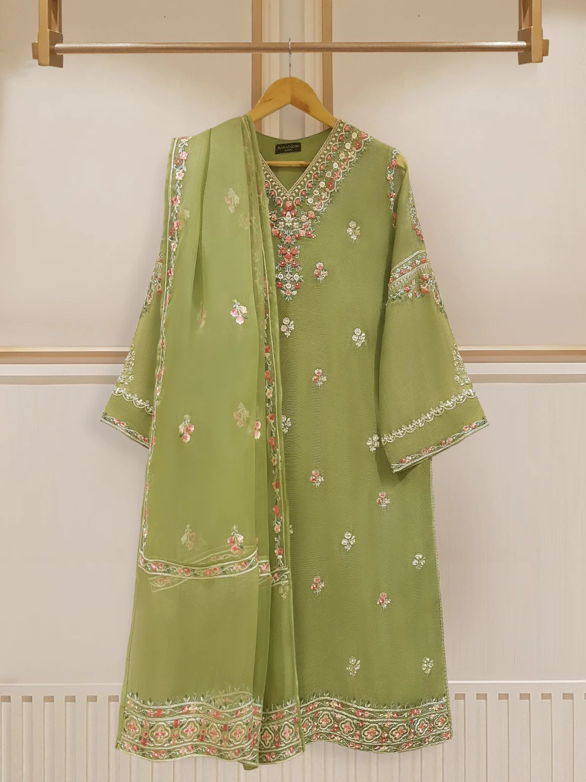 TWO PIECE PURE COTTON NET EMBROIDERED SHIRT WITH ORGANZA DUPATTA S107518