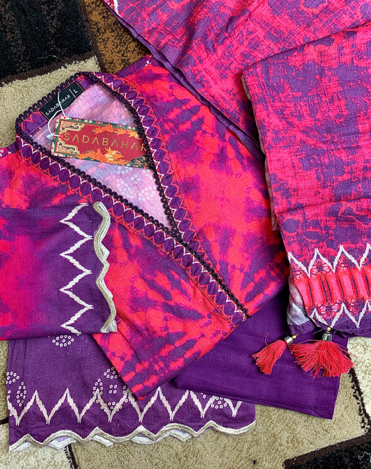 3PCS PINK & PURPLE LAWN SUIT SB-004 - SADA BAHAR