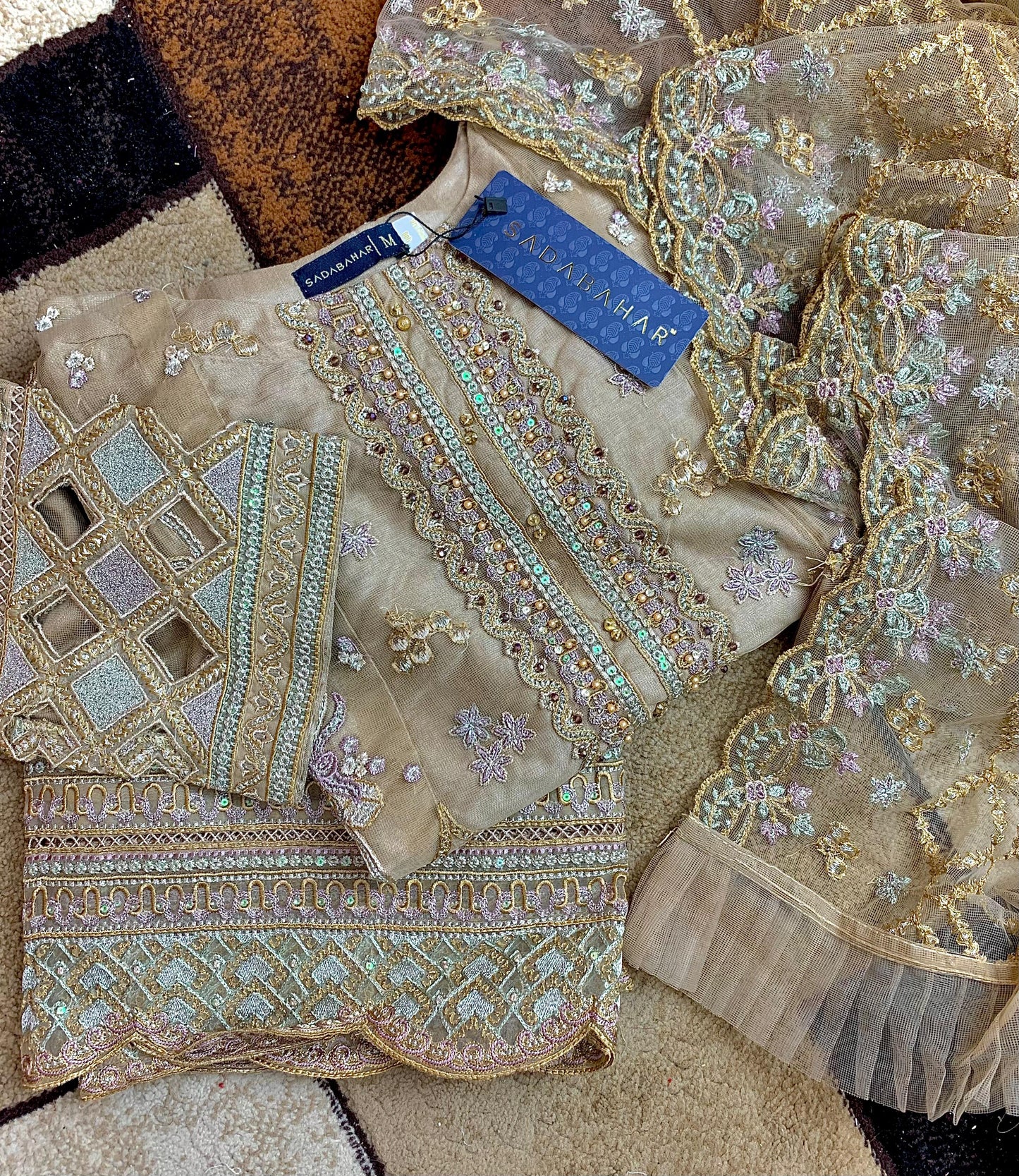 2PCS SHIRT & DUPATTA LIGHT BROWN ORGANZA SUIT SB-0018 - SADA BAHAR