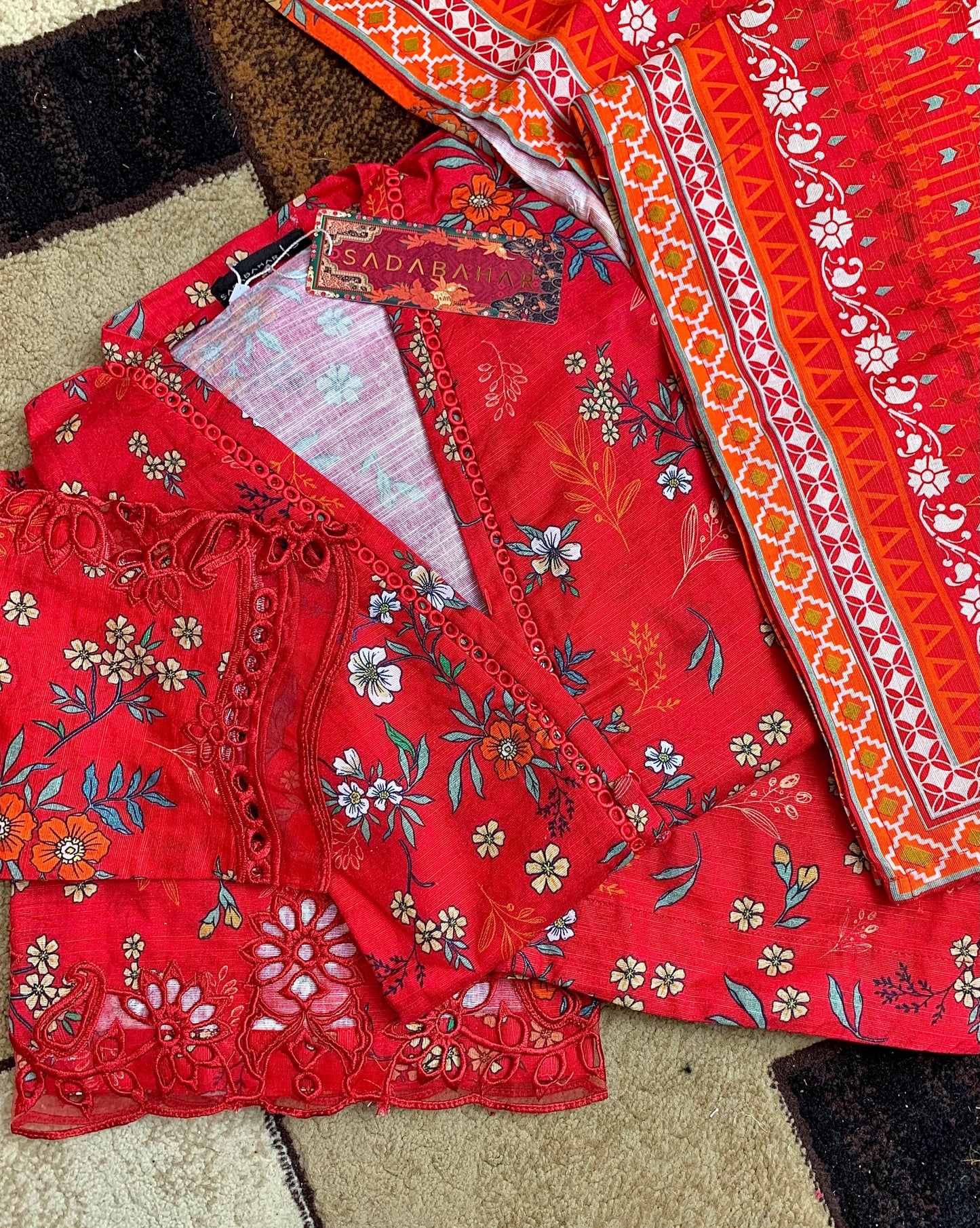 3PCS RED LAWN SUIT SB-009 - SADA BAHAR