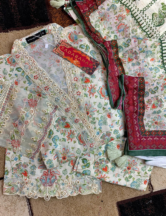 3PCS WHITE LAWN SUIT SB-007 - SADA BAHAR