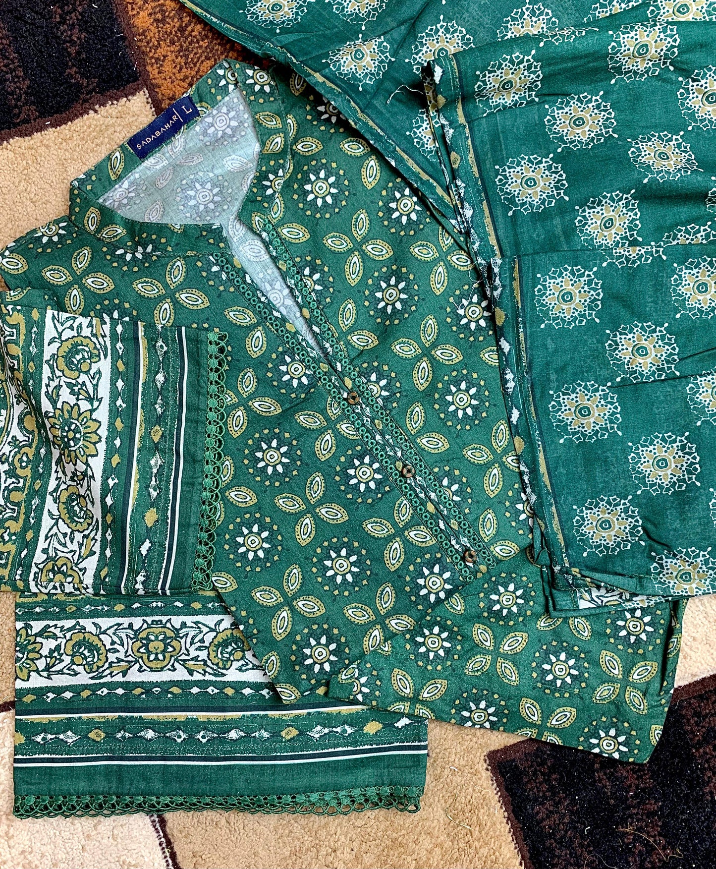 3PCS GREEN LAWN SUIT SB-0016 - SADA BAHAR