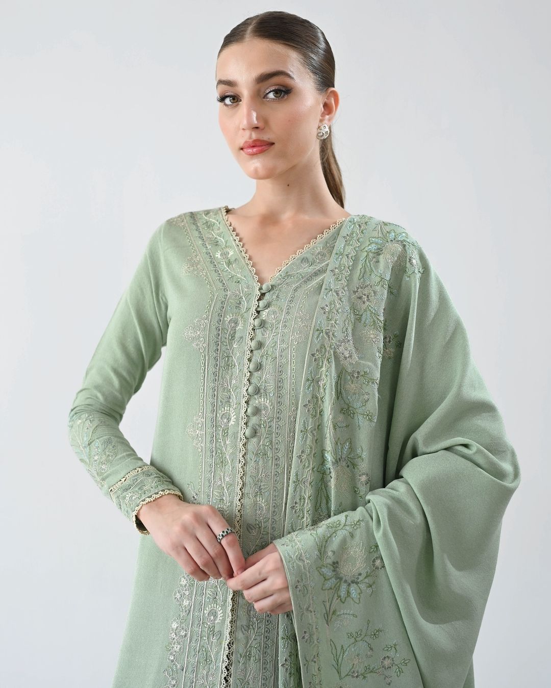 GLACIAL PASTEL GREEN LUXURY EMBROIDERED KARANDI SET