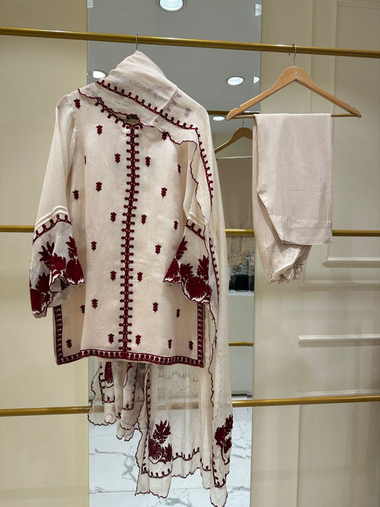 3 Piece - Pure Embroidered Cotton Net Suit S111971
