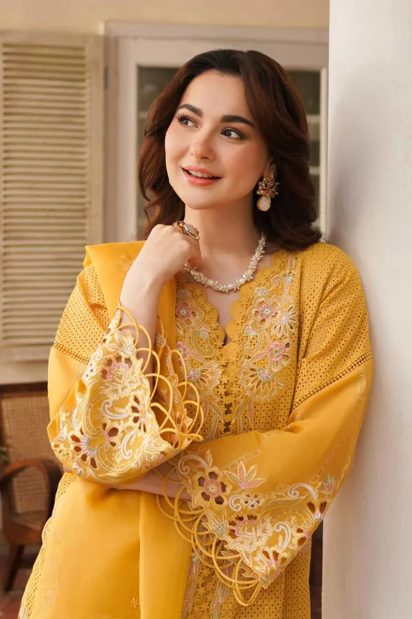 3 PIECE EMBROIDERED MIMOSA MUSTARD STITCHED LAWN SUIT