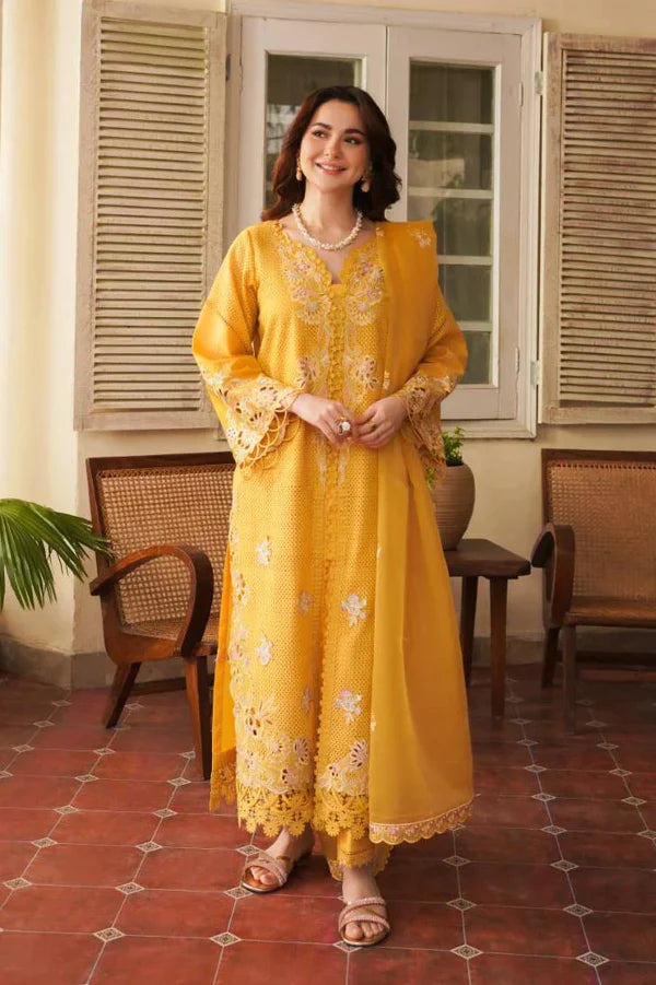 3 PIECE EMBROIDERED MIMOSA MUSTARD STITCHED LAWN SUIT