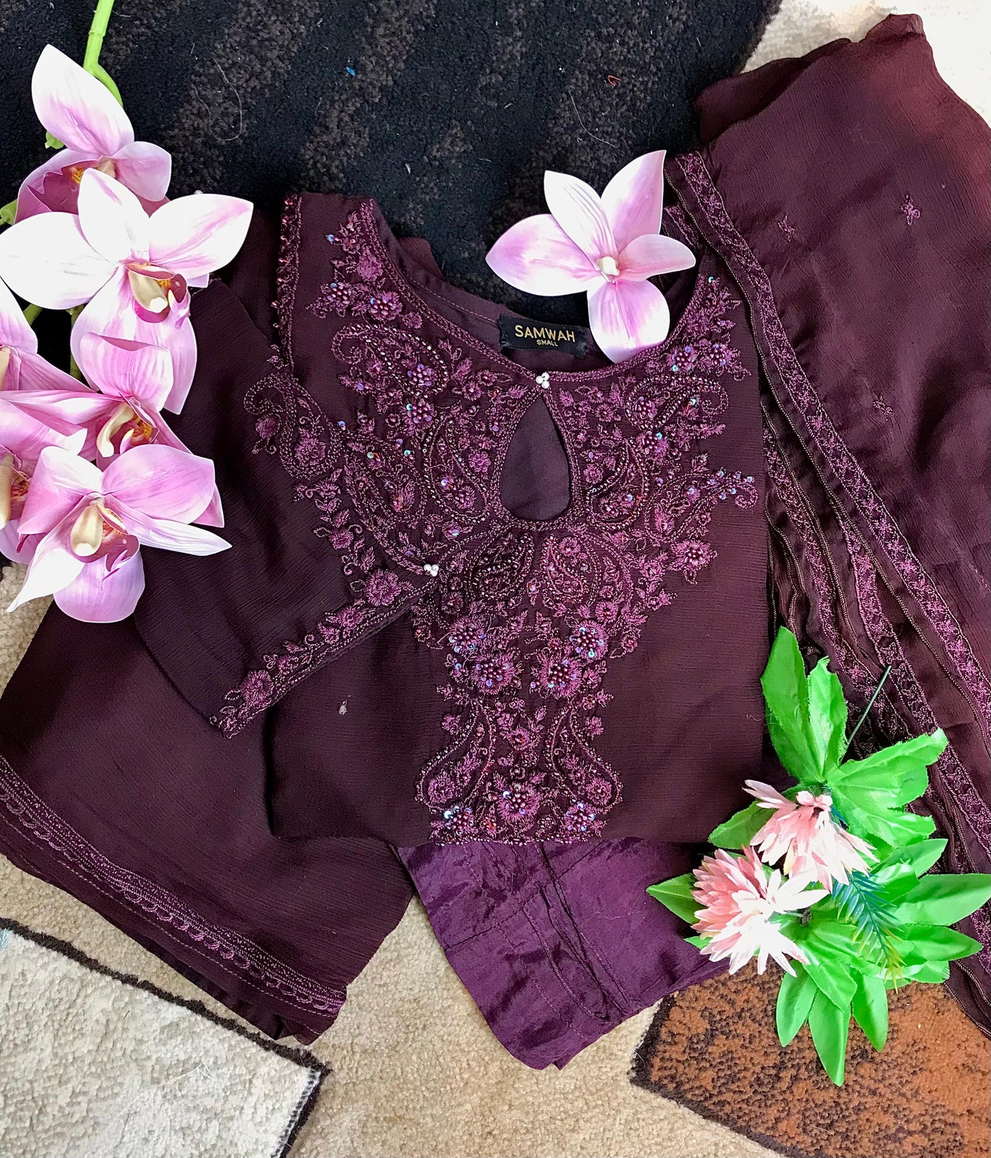 MAROON CHIFFON 3PC SUIT NS-004